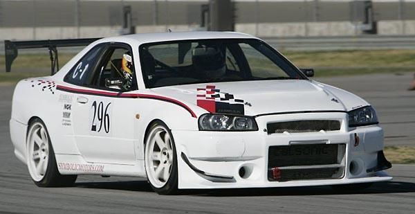 White R34 GT-R N1 on the track