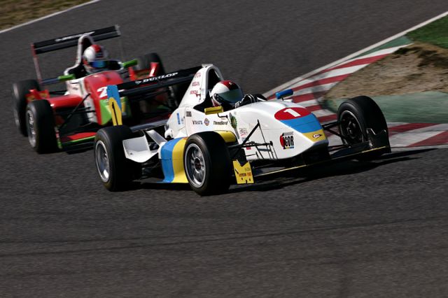 The Ukrainian and Japanese flag-colored FCJ formula car raced by Igor Sushko at Suzuka Circuit.