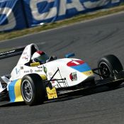 The Ukrainian and Japanese flag-colored FCJ formula car raced by Igor Sushko at Suzuka Circuit.