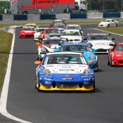 Parade lap for the Super Taikyu series at Okayama Circuit. The H.I.S. Nissan Fairlady Z, piloted by Igor Sushko and Maejima Shyu