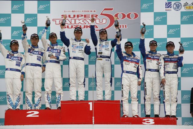 The #15 Okabe Jiodsha Dixcel Nissan Z on the podium of the season opener at Suzuka 500km. Drivers: Igor Sushko, Nagashima Masaak
