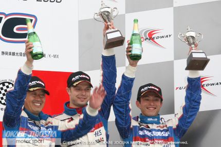 The Super Taikyu Rd. 3 Fuji podium. Igor Sushko, Masaaki Nagashima, and Kazuomi Komatsu.